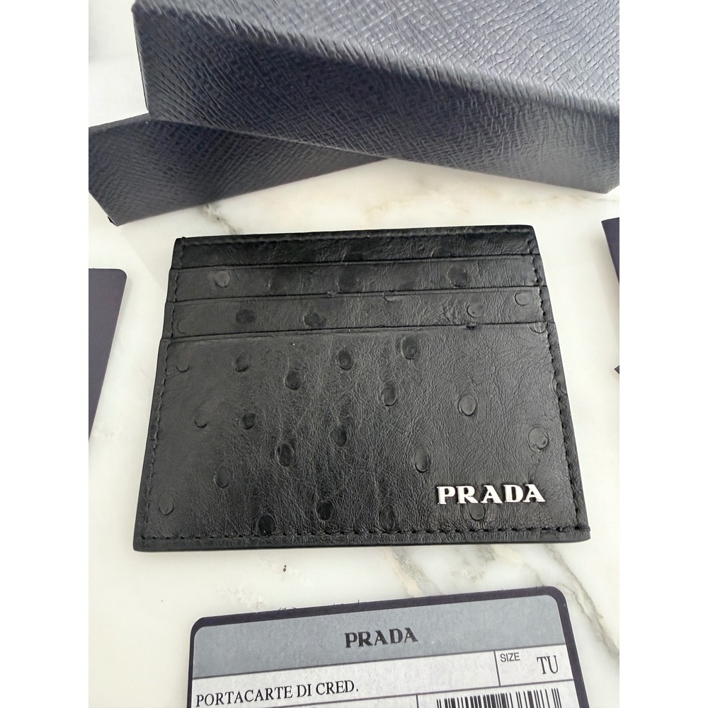 Prada Nero Black Ostrich Leather Card Holder Wallet 2MC223‎ Struzzo Italy New